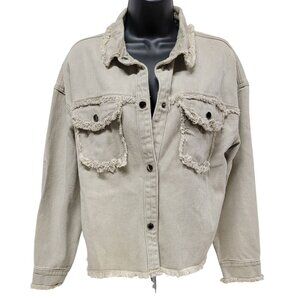 Frayed Distressed Raw Hem Denim Jacket Size M